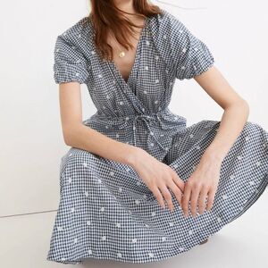 MADEWELL | Embroidered Gingham Faux-Wrap Tie-Waist Midi Dress Navy White | Large